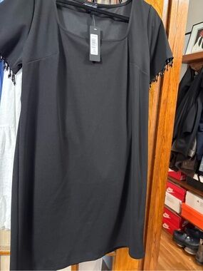 bebe NWT Black Scoop Neck Shift Dress with Beaded Sleeve Detail